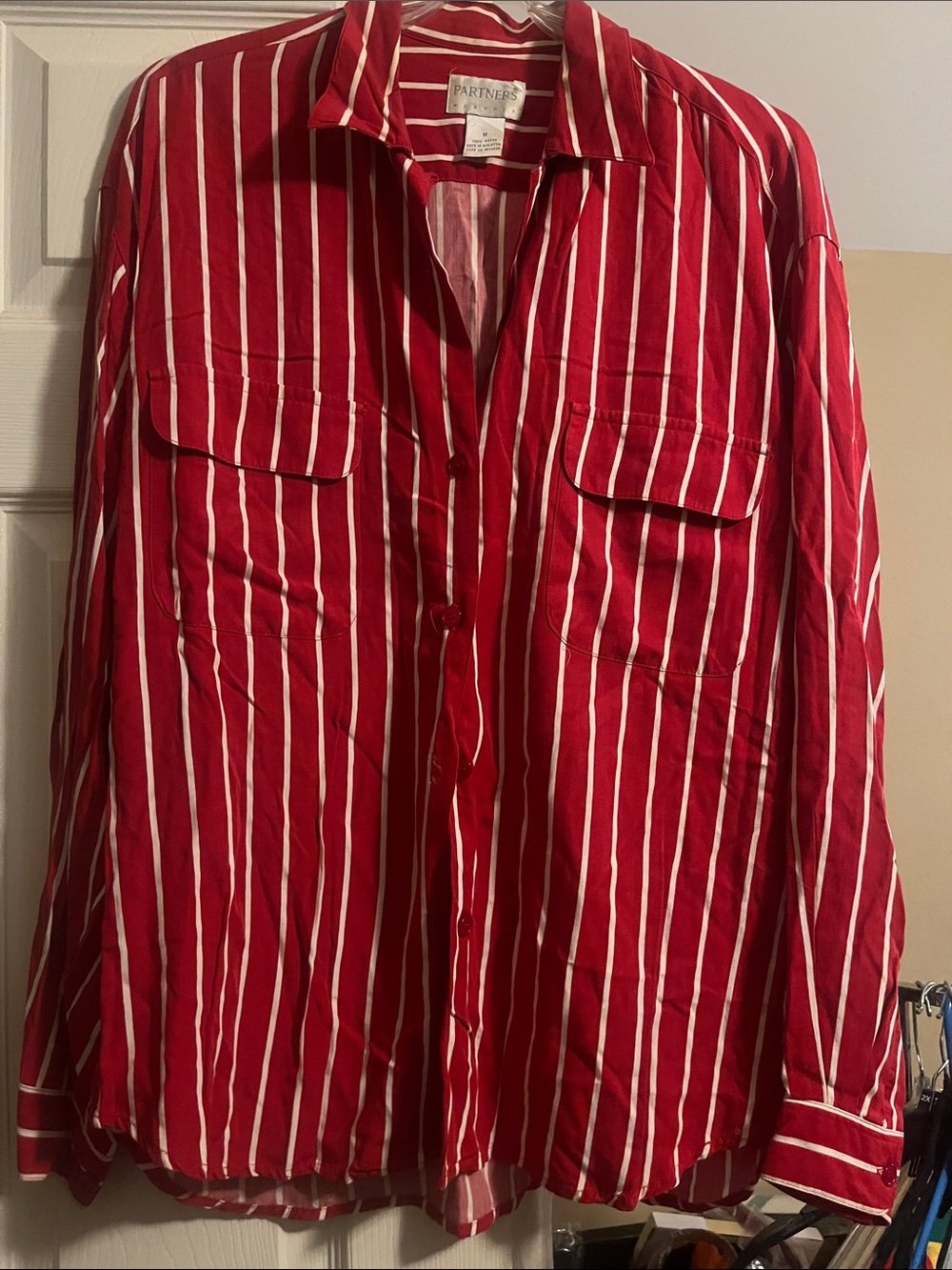 Red Striped Button-Down Shirt with Roll-Tab Sleeves - Picture 2 of 4